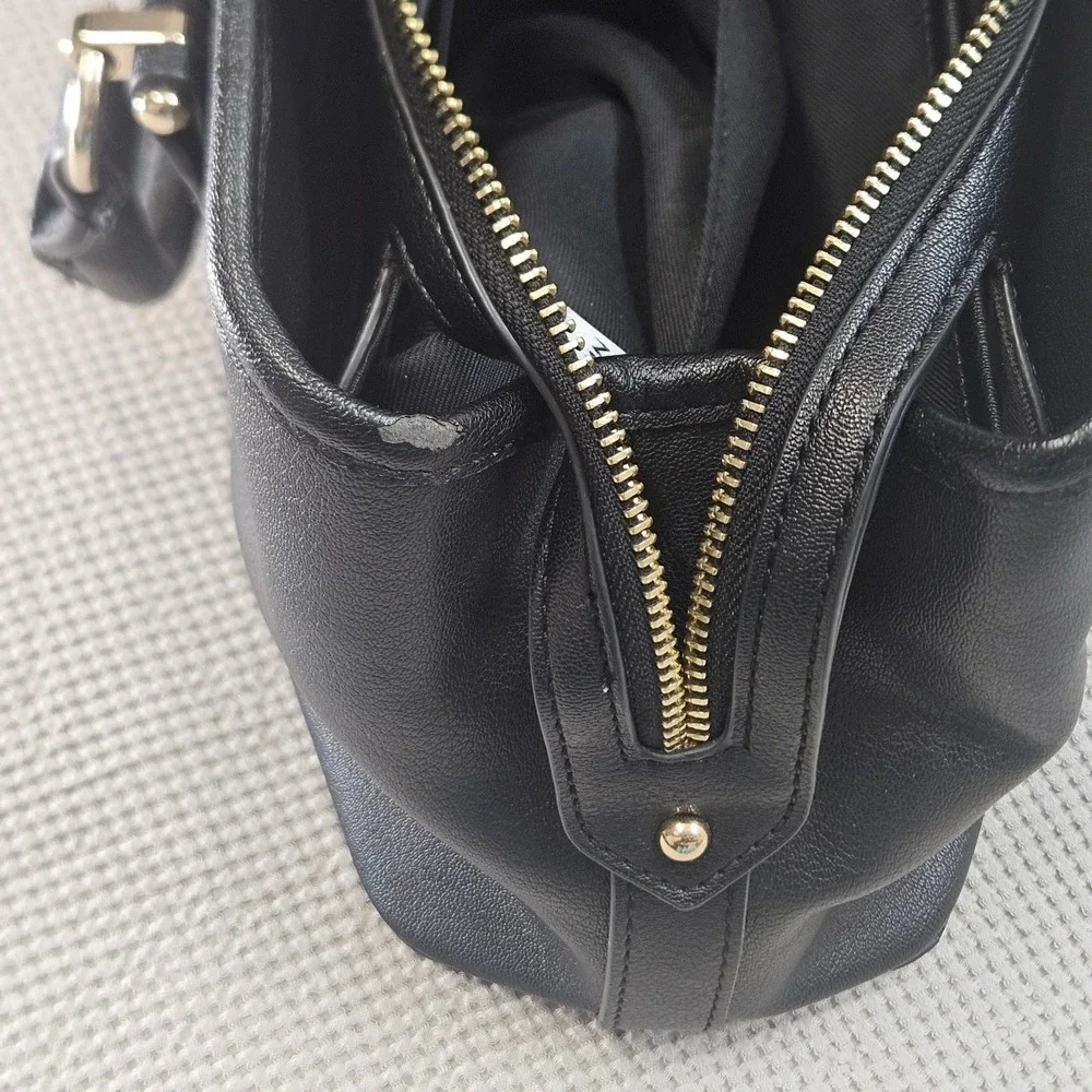 Nine West Black Pebbled Faux Leather Satchel Bag Gold Hardware Three Compartment